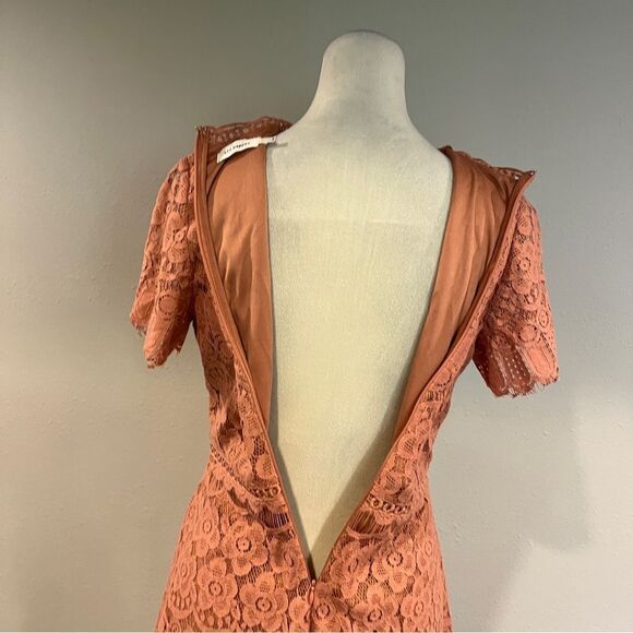 Elegant Short Sleeve Lace Mini Dress in Pale Peach color - Picture 9 of 14